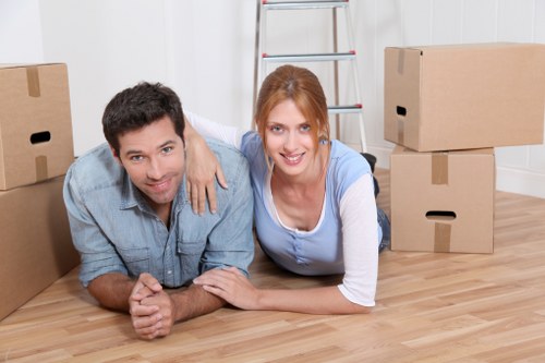 Packed moving boxes and furniture ready for removals in Hackney