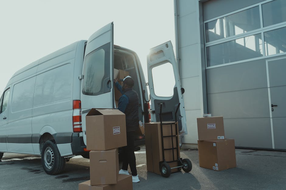 A man wearing a white t-shirt and jeans is standing on a residential street, lifting a cardboard box from a stack of similar boxes, preparing to load it into the open rear door of a white cargo van pa